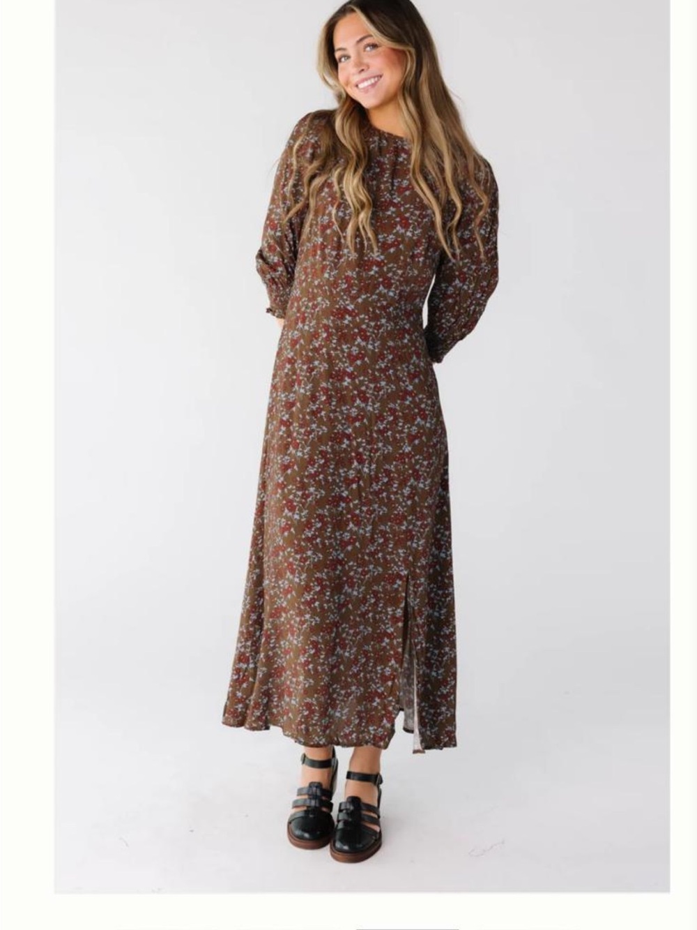 Floral Brown Long Sleeve Maxi Dress